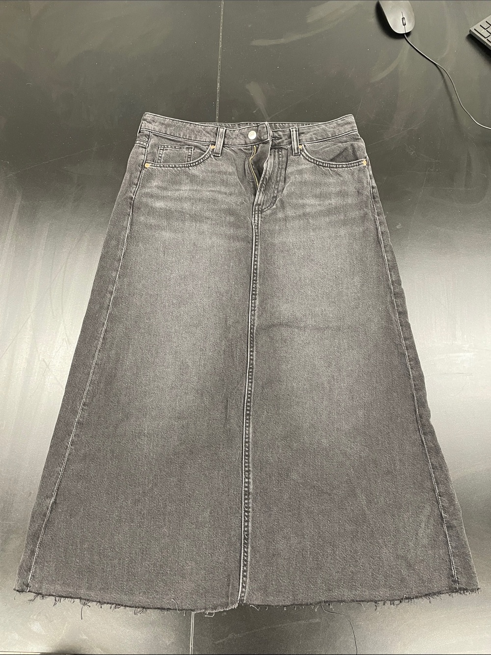 High-Rise Black Denim A-Line Maxi Skirt